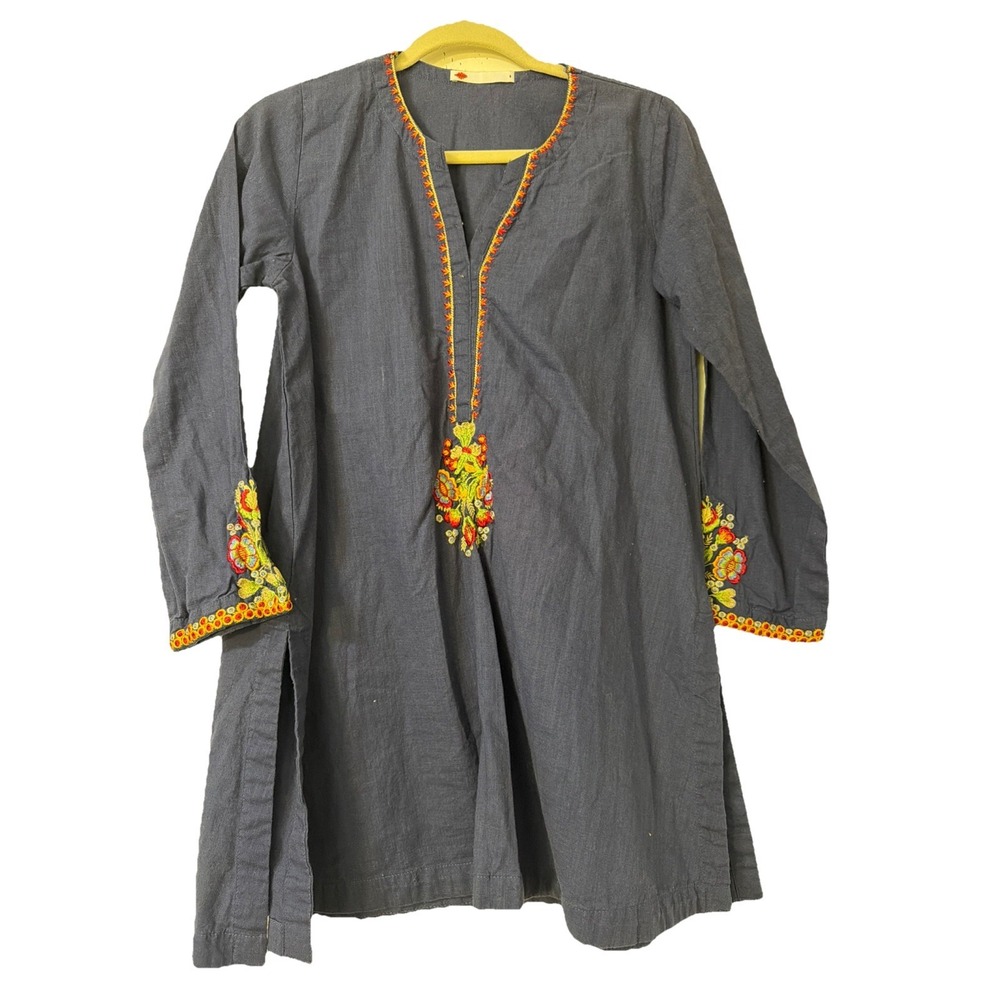 Khaadi Navy Blue  Embroidered Kurta Blouse Top  Women's size 8 Boho‎ Cotton